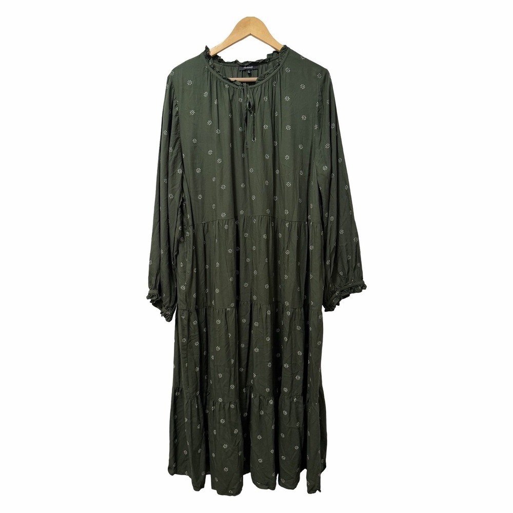Madewell Womens Tie Neck Tiered Midi Dress Size‎ 4X Green Stardot Tiered Cottage